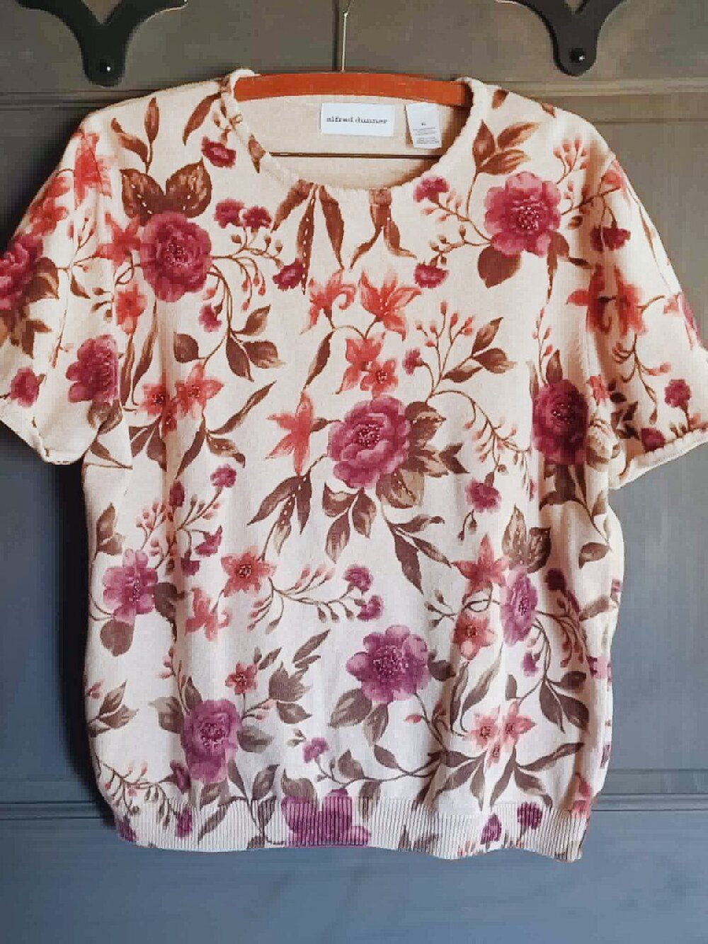 Alfred Dunner Floral Beaded Short Sleeve Knit Pullover Sweater, Size XL